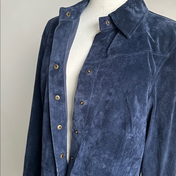 Womens Soft Suede Leather Shirt Dress Duster Western Preppy Cowgirl Navy Blue M - Picture 4 of 9